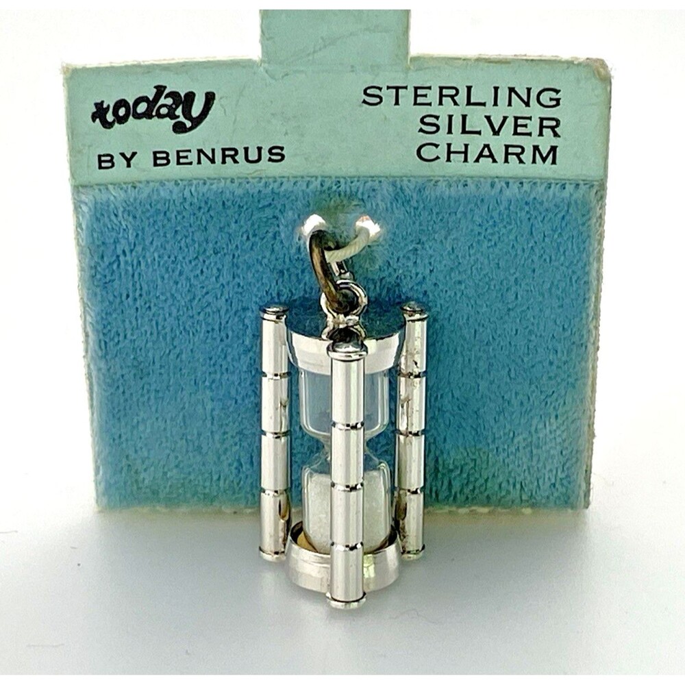 Vintage Benrus Sterling Silver Working Hourglass Charm NOS Original Card 3D